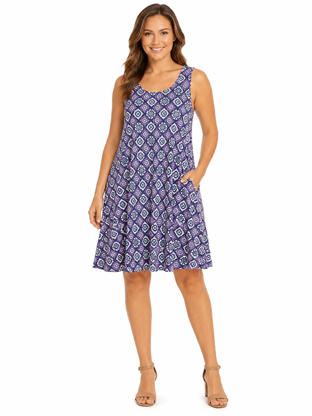 Purple Geometric Print Sleeveless Swing Dress Boho Casual Flowy Stretch Knit M